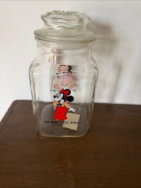 Vintage Minnie and Mickey Mouse Glass Canister - Clear with Red Accent